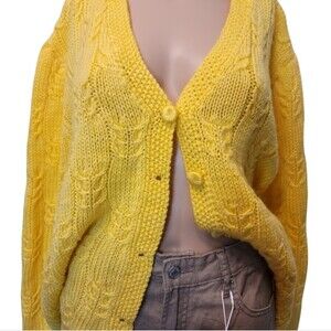 Chunky Knit Sweater Cardigan V Neck Button Down Vibrant Yellow One Size Fits M/L